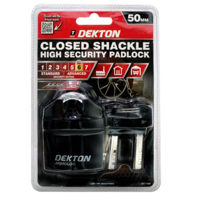 Dekton 50mm Black Closed Shackle Hardened Steel Padlock With 4 Keys