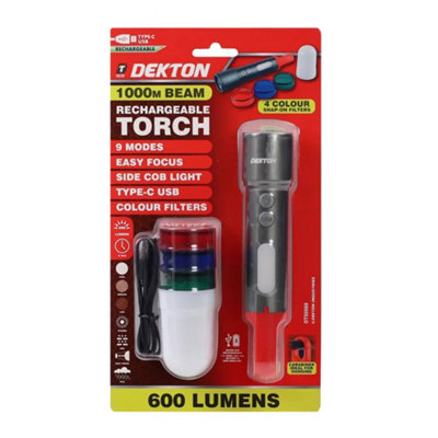 Dekton Rechargeable COB Torch 600 Lumens MultiFunction Colour Filter Flash Light
