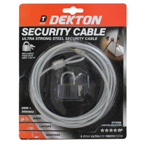 Dekton Security Cable 3m Safe Steel Padlock Lock Bike Cycle Monitor Laptops