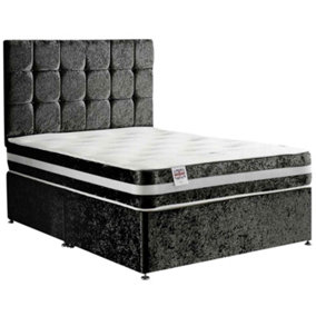 Delia Divan Bed Set with Headboard and Mattress - Chenille Fabric, Black Color, 2 Drawers Left Side
