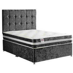 Delia Divan Bed Set with Headboard and Mattress - Chenille Fabric, Charcoal Color, 2 Drawers Left Side