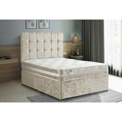 Delia Divan Bed Set with Headboard and Mattress - Chenille Fabric, Cream Color, 2 Drawers Left Side