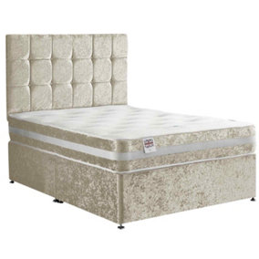 Delia Divan Bed Set with Headboard and Mattress - Chenille Fabric, Cream Color, 2 Drawers Left Side