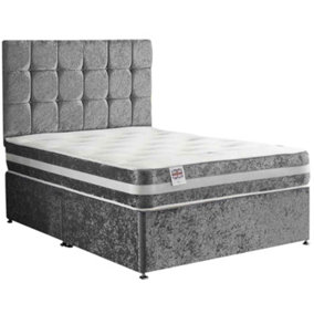 Delia Divan Bed Set with Headboard and Mattress - Chenille Fabric, Silver Color, 2 Drawers Left Side