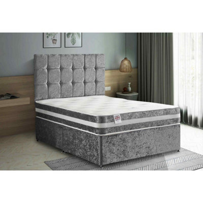 Delia Divan Bed Set with Headboard and Mattress - Chenille Fabric, Silver Color, 2 Drawers Left Side