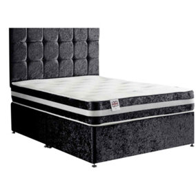 Delia Divan Bed Set with Headboard and Mattress - Crushed Fabric, Black Color, 2 Drawers Right Side