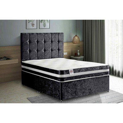 Delia Divan Bed Set with Headboard and Mattress - Crushed Fabric, Black Color, 2 Drawers Right Side