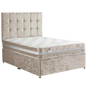 Delia Divan Bed Set with Headboard and Mattress - Crushed Fabric, Cream Color, 2 Drawers Right Side
