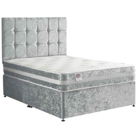 Delia Divan Bed Set with Headboard and Mattress - Crushed Fabric, Silver Color, 2 Drawers Left Side