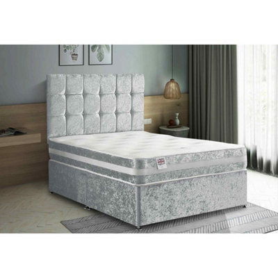 Delia Divan Bed Set with Headboard and Mattress - Crushed Fabric, Silver Color, 2 Drawers Right Side