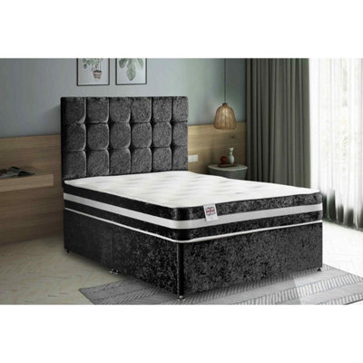 Delia Divan Bed Set with Headboard and Mattress - Plush Fabric, Black Color, 2 Drawers Left Side