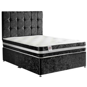 Delia Divan Bed Set with Headboard and Mattress - Plush Fabric, Black Color, 2 Drawers Right Side