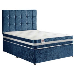 Delia Divan Bed Set with Headboard and Mattress - Plush Fabric, Blue Color, 2 Drawers Left Side