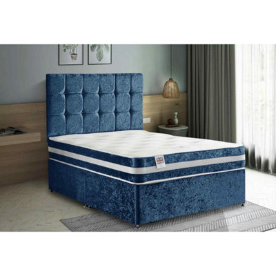 Delia Divan Bed Set with Headboard and Mattress - Plush Fabric, Blue Color, Non Storage