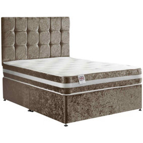 Delia Divan Bed Set with Headboard and Mattress - Plush Fabric, Mink Color, 2 Drawers Left Side