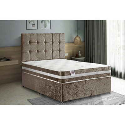 Delia Divan Bed Set with Headboard and Mattress - Plush Fabric, Mink Color, 2 Drawers Left Side