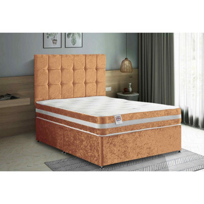 Delia Divan Bed Set with Headboard and Mattress - Plush Fabric, Mustard Color, 2 Drawers Left Side