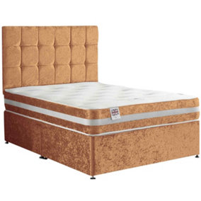Delia Divan Bed Set with Headboard and Mattress - Plush Fabric, Mustard Color, 2 Drawers Left Side