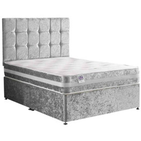 Delia Divan Bed Set with Headboard and Mattress - Plush Fabric, Silver Color, 2 Drawers Left Side