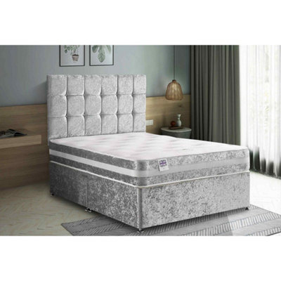 Delia Divan Bed Set with Headboard and Mattress - Plush Fabric, Silver Color, 2 Drawers Right Side