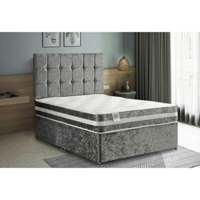 Delia Divan Bed Set with Headboard and Mattress - Plush Fabric, Steel Color, 2 Drawers Left Side