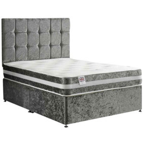 Delia Divan Bed Set with Headboard and Mattress - Plush Fabric, Steel Color, 2 Drawers Right Side
