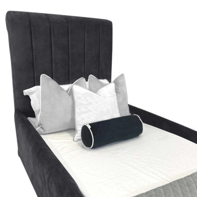 Delia Sleigh Kids Bed Gaslift Ottoman Plush Velvet with Safety Siderails- Steel
