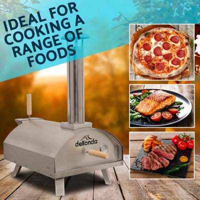 Dellonda 14 Inch Wood Fired Pizza Oven 380C Meat Smoking Stainless Steel with Cover - 3