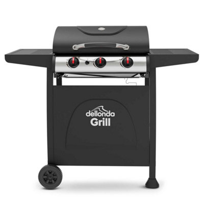 Dellonda 3 Burner Gas BBQ Grill With Piezo Ignition, Built-In Thermometer, Black/Stainless Steel