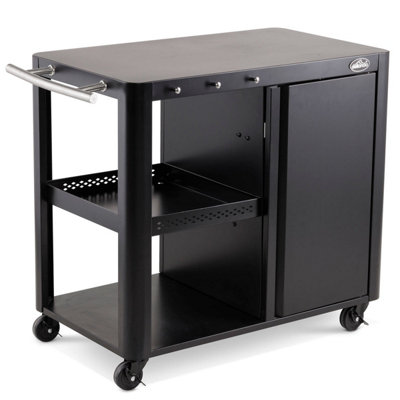 Dellonda BBQ/Plancha Trolley with Cupboard, Extension Table & Utensil Hooks - Black