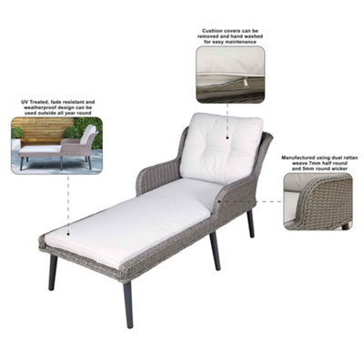 Dellonda Buxton Rattan Garden Sun Lounger & Washable Cushions, Grey