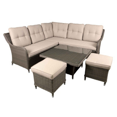 Dellonda Chester Garden Rattan Corner Sofa Lounger, Table & Stool Set