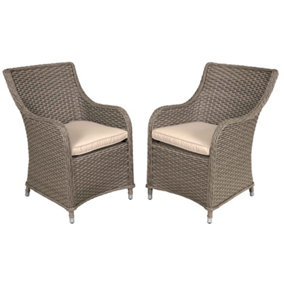 Dellonda Chester Rattan Garden Dining Arm Chairs & Cushions, Set of 2, Brown