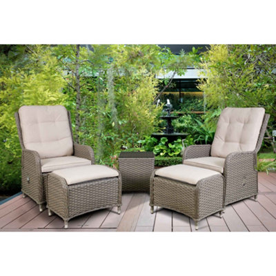 Dellonda Chester Rattan Outdoor Twin Recliner Seat Loungers & Table Set, Brown