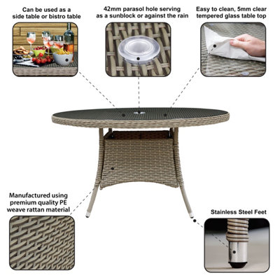 Dellonda Chester Round Rattan Outdoor Garden Dining Table, Glass, 135cm ...