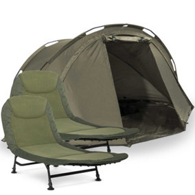 Dellonda Fishing Bivvy Tent 2-Man Waterproof & Fishing Bedchair x 2 - DL142