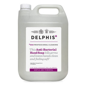 Delphis Eco Anti-Bacterial Hand Soap 5L Refill. Plant-based, vegan, antibacterial hand wash kills 99.9% of bacteria