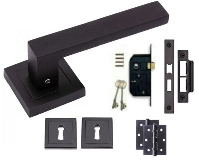 Delta Design Modern Matt Black Door Handles Bathroom Mortice and Thumbturn Set - GG