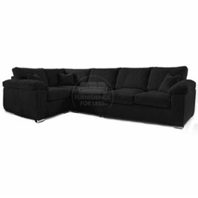 Delta Large Long Narrow Black 5 Seater Corner Sofa Left Hand Facing Jumbo Cord L Shape