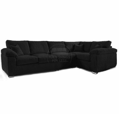 Delta Large Long Narrow Black 5 Seater Corner Sofa Right Hand Facing Jumbo Cord L Shape