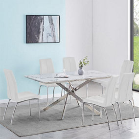 Deltino Diva Marble Effect Dining Table 6 Opal White Chairs