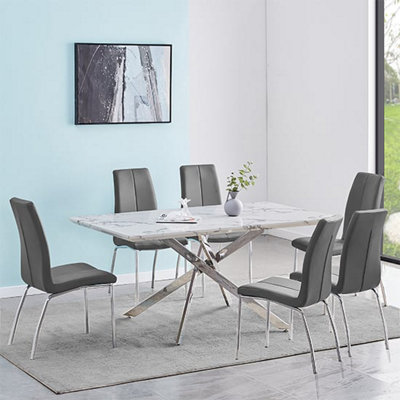 Deltino Diva Marble Effect Dining Table With 6 Opal Grey Chairs | DIY ...