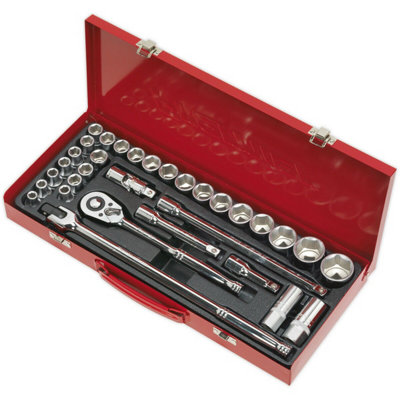 DELUXE 32-PIECE SOCKET SET WITH RATCHET HANDLE AND STORAGE CASE