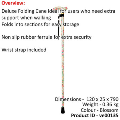 Deluxe Ambidextrous Foldable Walking Cane - 5 Height Settings - Blossom