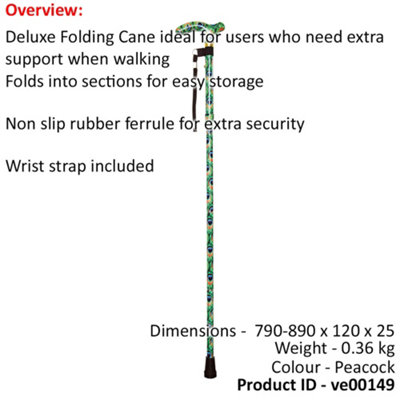 Deluxe Ambidextrous Foldable Walking Cane - 5 Height Settings - Peacock Design