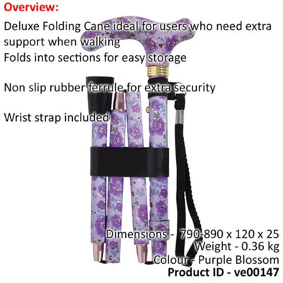 Deluxe Ambidextrous Foldable Walking Cane - 5 Height Settings - Purple Blossom