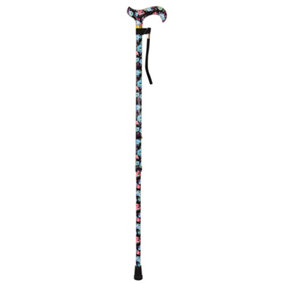 Deluxe Ambidextrous Walking Cane - 10 Height Settings - Black Floral Pattern