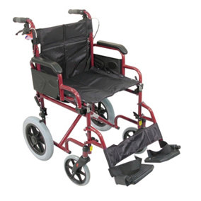 Deluxe Attendant Propelled Steel Wheelchair - Compact Foldable Design - Red