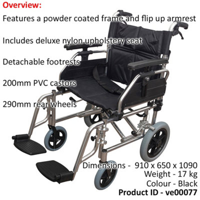 Deluxe Attendant Propelled Transit Wheelchair - Nylon Seat - 150kg Weight Limit