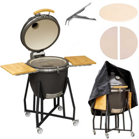 Deluxe Kamado Style BBQ Grill with Stand, Castor Wheels & Accessories, Ceramic 22"(56cm) - DG236